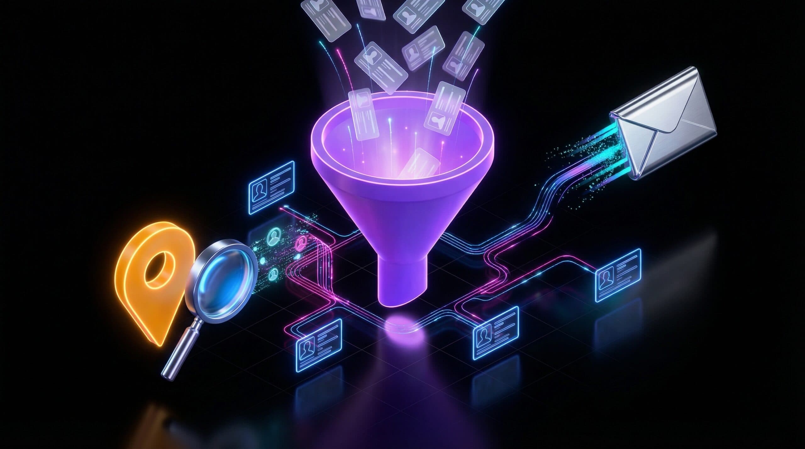 Pipeline de prospection automatisee - funnel, leads, email, neon 3D